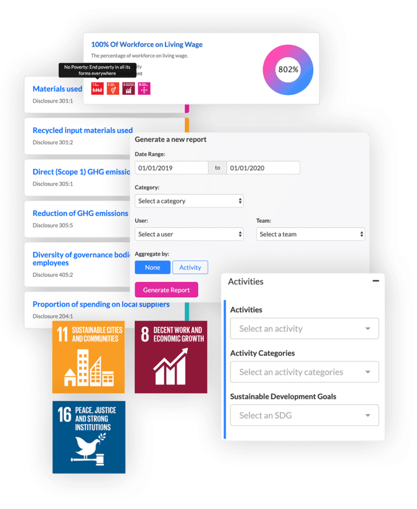 Screenshots of Impact's ESG reporting software framework